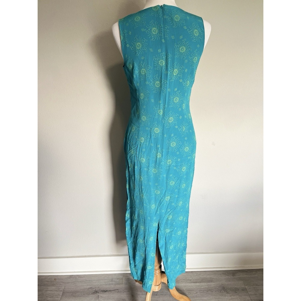 Vintage Retro 90's 100% Silk Celestial Sun Moon Teal Maxi Sheath Dress Size 8 - Picture 3 of 5